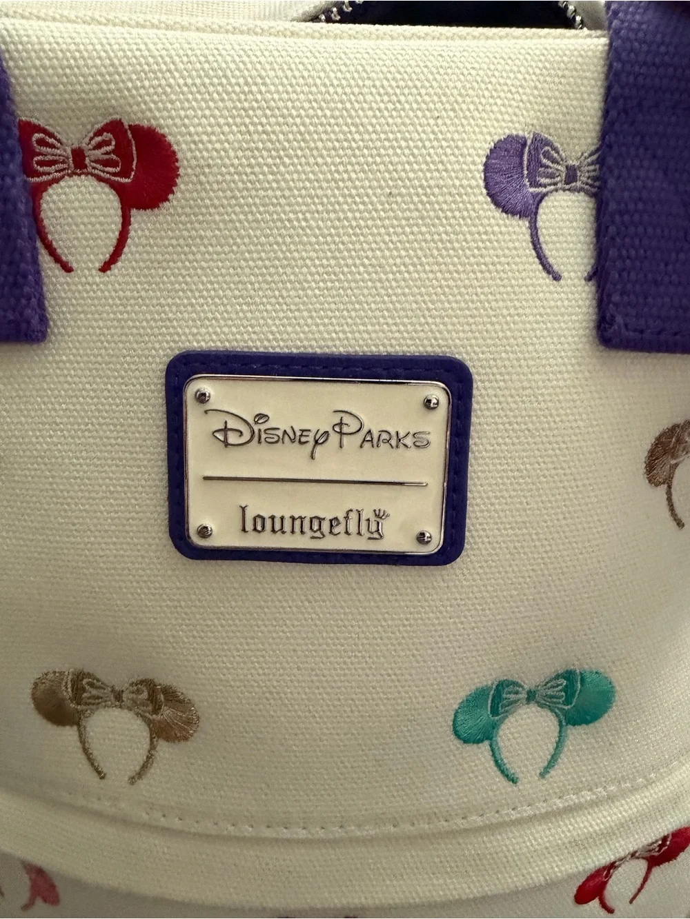 Disney Cream Mini Backpack with Purple Handles and Colorful Minnie Icons